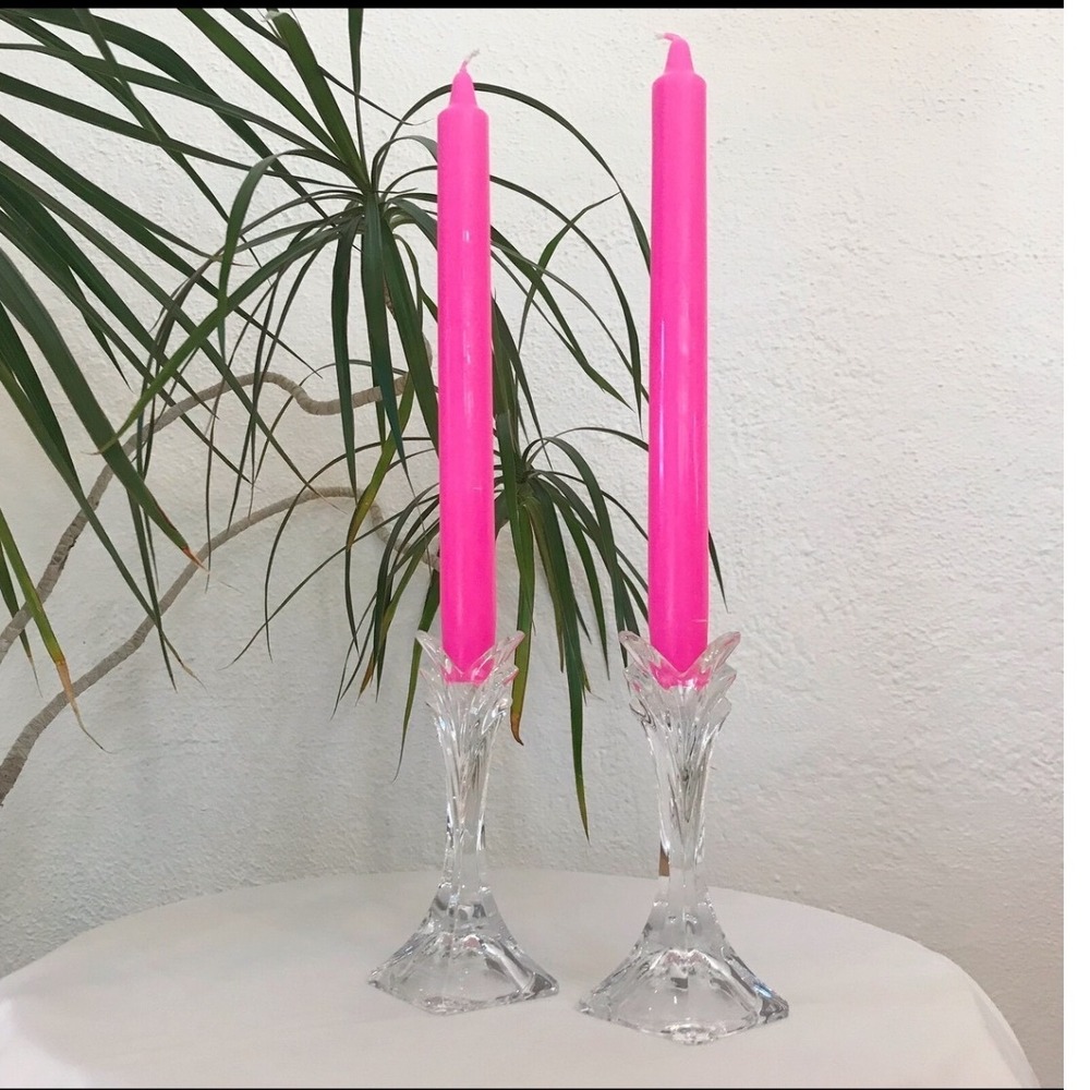 Vintage Art Deco‎ Clear Crystal Glass Taper Candle Holders Set of 2 Square Base